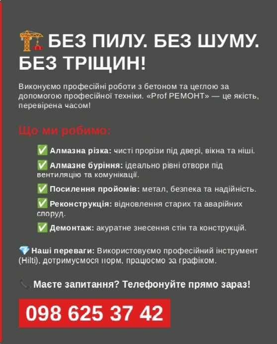 Алмазна різка бетону Демонтаж Різка стін,підлог,пройомів