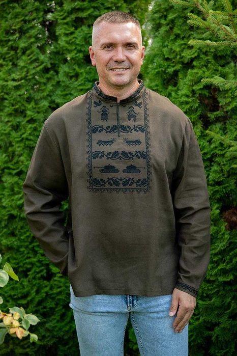 М-5ХЛ Вышиванка льняная мужская хаки, лен