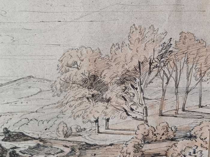 Desenho a pena de August Geist (1858) - Paisagem campestre com igreja