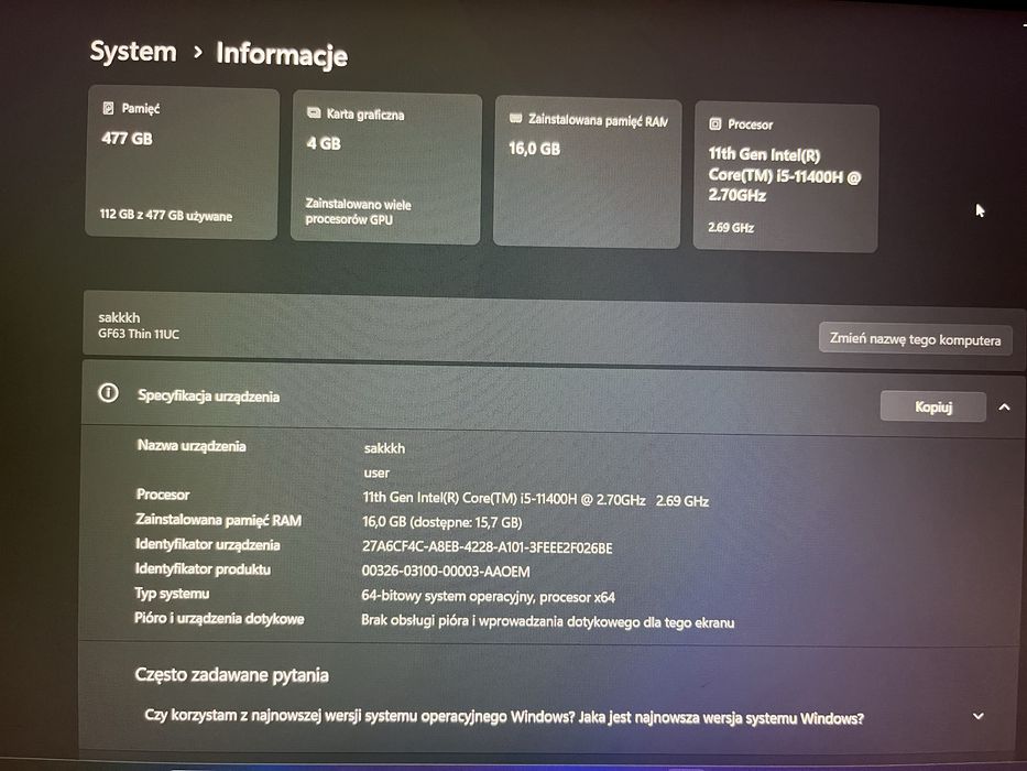 Laptop gamingowy MSI GF63 Thin 11UC