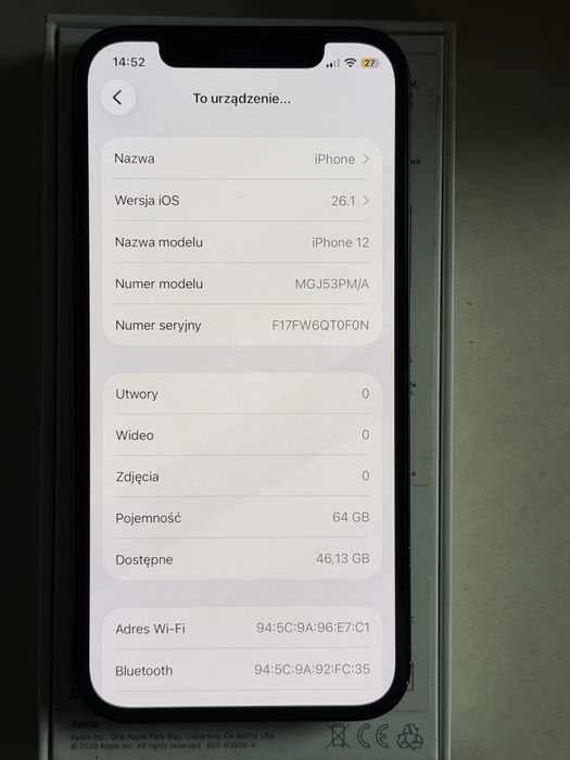 iPhone 12 black, bez blokad, bateria 87%, komplet