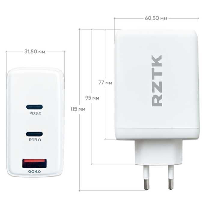 Зарядний пристрій RZTK GaN2 100W USB-A  + кабель USB-C 100W White