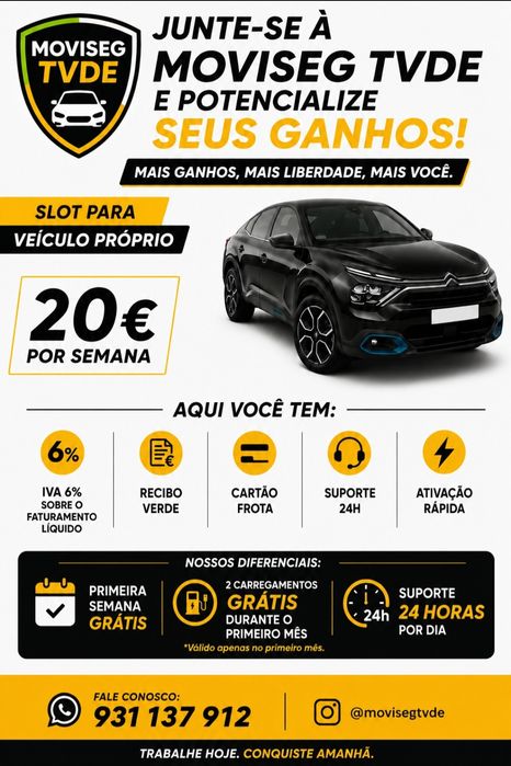 Trabalha com TVDE, Temos viaturas e Slots disponíveis para Aluguer.