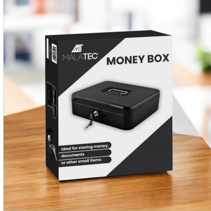 Nowa duża czarna metalowa kasetka na pieniądze