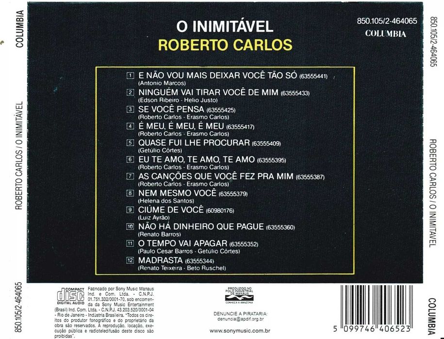 Roberto Carlos - INIMITÁVEL CD - Made in Brasil