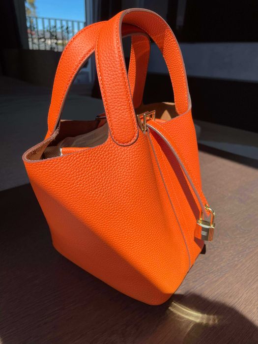 torebka skórzana ze skóry naturalnej jak hermes picotin 18 cm pomarańczowa orange worek