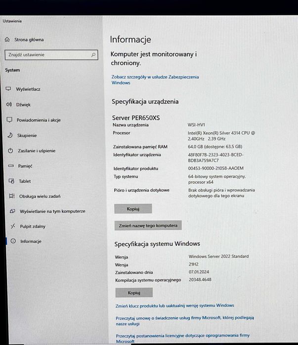 Serwer DELL R650xs Intel Xeon Silver 4314 64GB RAM 4x960GB SSD WS2022