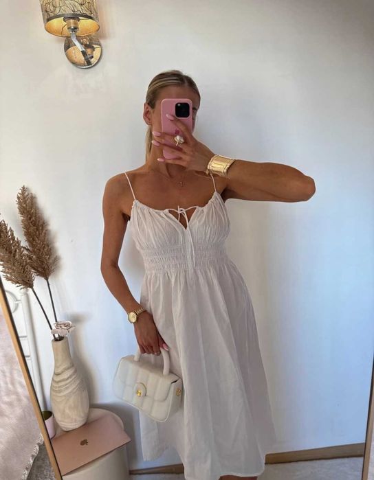 Biała bawełniana sukienka na ramiączkach MIDI maxi na lato letnia M