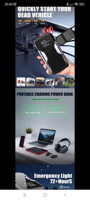 Car Jump Starter Power Bank 10000mAh 12V  mocny do odpalania auta