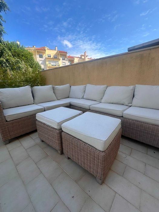 Conjunto jardim relax sofá de canto, 2 bancos e mesa bege 7 pessoas Medena Naterial