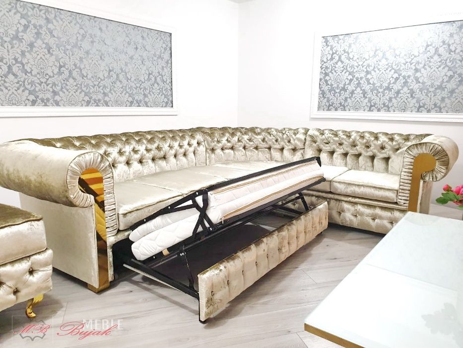 ZŁOTY Narożnik rozkładany Chesterfield GLOSS GLAMOUR - GOLD