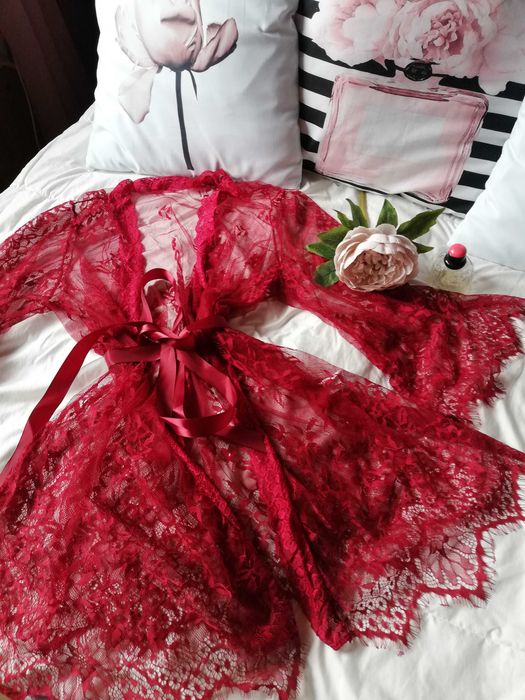 komplet bielizny stanik stringi szlafrok burgund 3-4 XL
