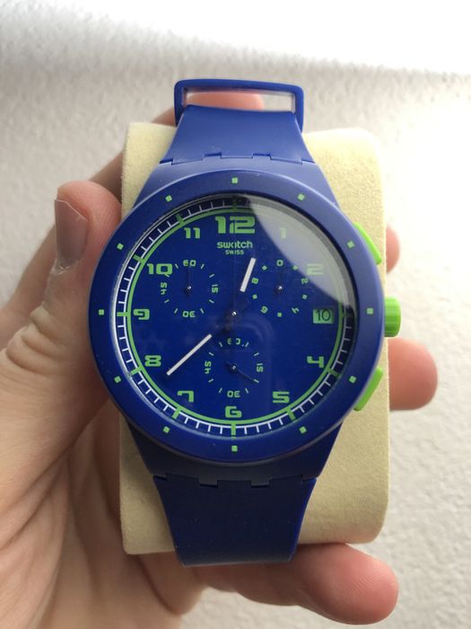 Sportowy szwajcarski zegarek Swatch SR936SW granatowy/zielony