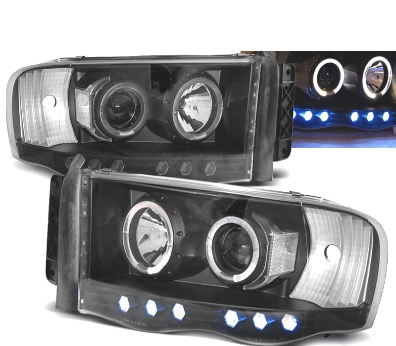 CONJUNTO DE FARÓIS PARA DODGE RAM 02-06 ANGEL EYES + LEDS PRETO