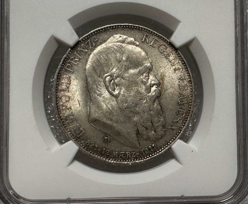 Срібна монета 3 марки Німецька імперія Баварія 1911 Луітпольд NGC MS-64
