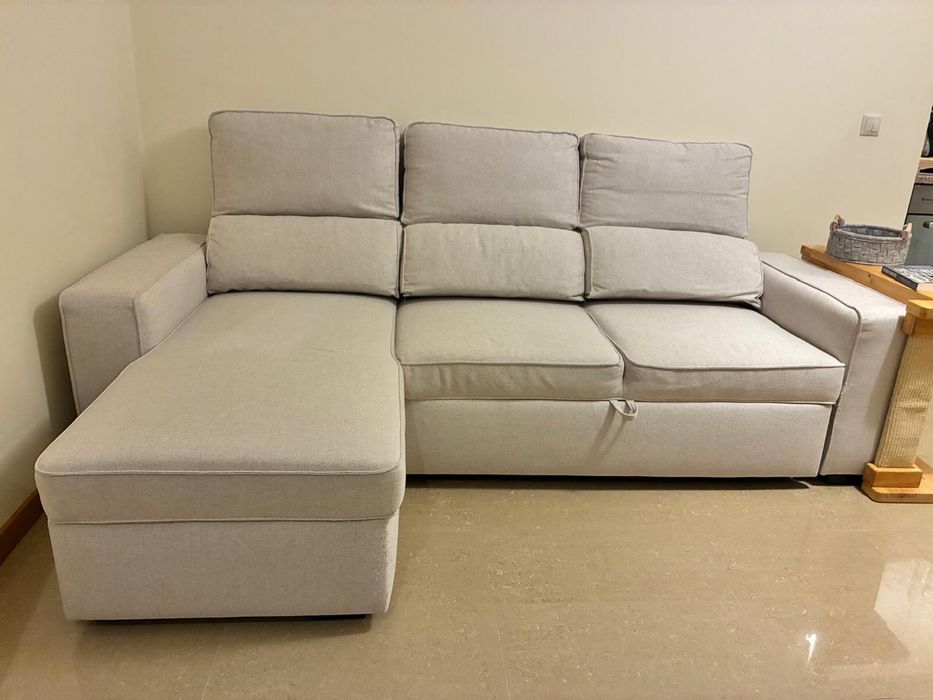 Sofá Cama com Chaise Longue Reversível e Encosto Reclináve