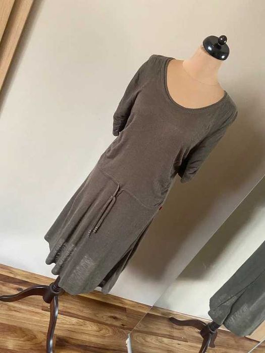 Len  l xl 42 +size braz khaki organic midi lekka sweterkowa sukienka