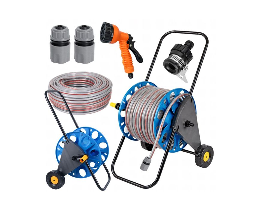 Wózek Na Wąż Ogrodowy 50m Zestaw  Zwijacz Bęben Z Wężem Pistoletem Złączkami Na Kółkach Do Ogrodu Działki