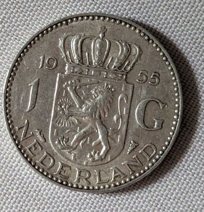 Нідерланди 1 Gulden 1955 - Срібло 0.720 проби, Вага: 6.5 гр.