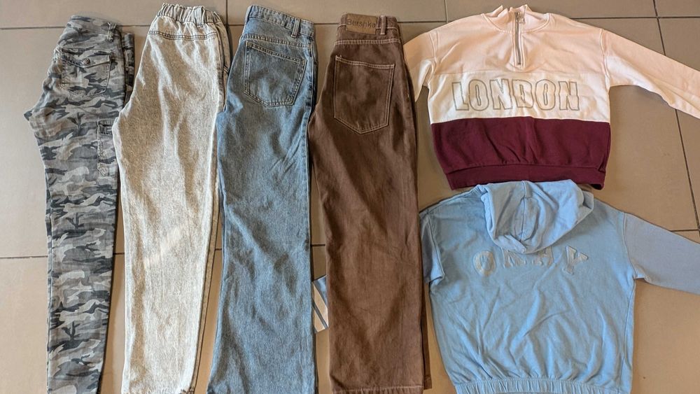 Spodnie 4 pary szerokie nogawki i 2 bluzy r. 34, XS dziewczęce