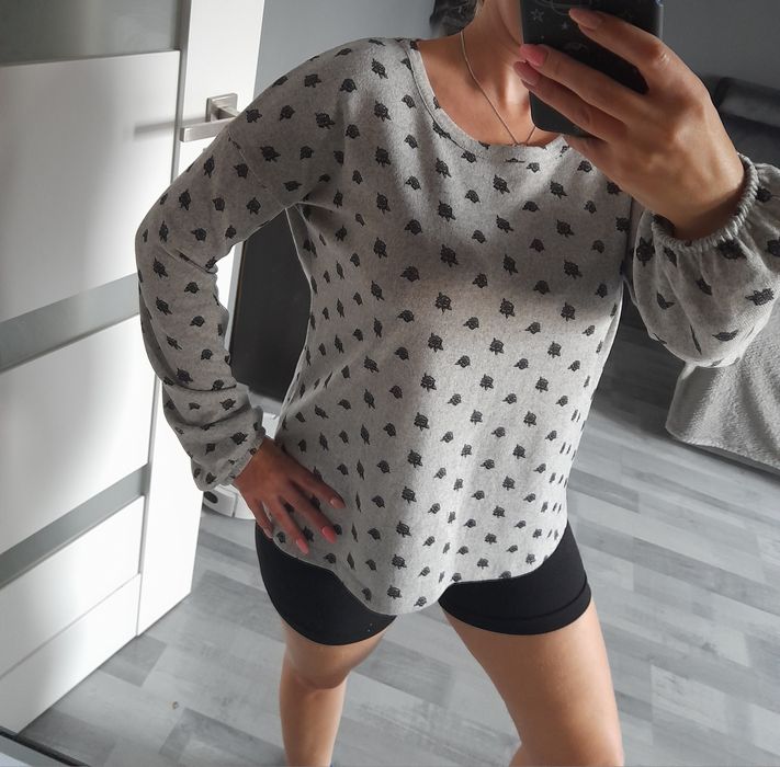 Bluzka w różyczki Róże szara bufki falbanki M L 38 40 nowa Plusz miś