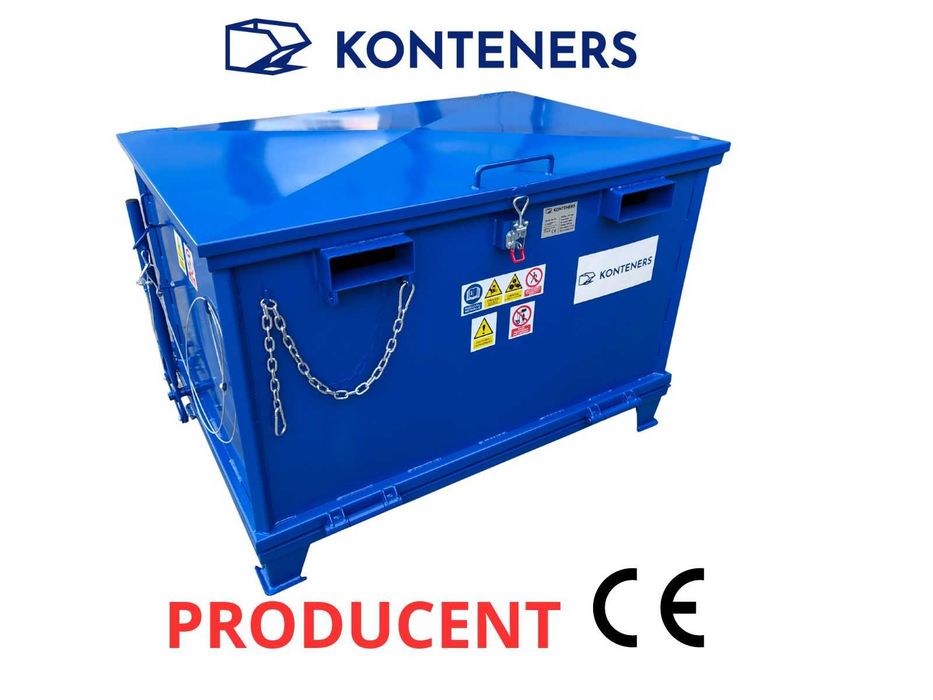 Kontener z otwieranym dnem do wózka widłowego pod widły 1m3/1000 L / pojemnik metalowy samowyładowczy/ uchylna klapa/ pokrywa górna/ zamykany/ złom