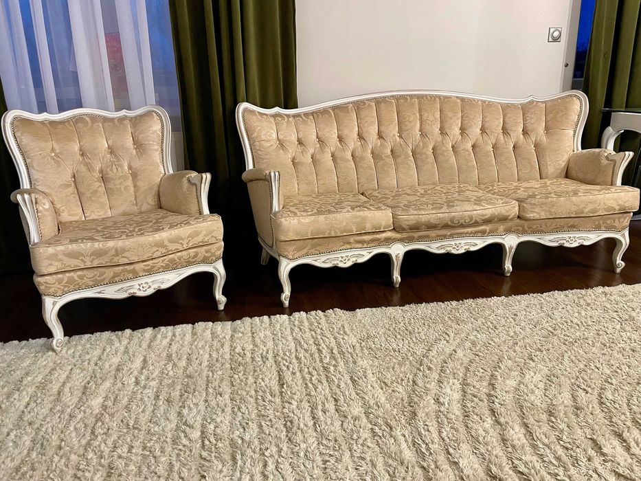 Zestaw Ludwik XV – sofa 3-osobowa + fotel, shabby chick, biały