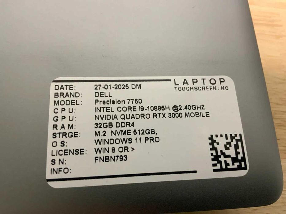 DELL PRECISION 7750 (I9) / RTX3000 / 512 SSD / 32 RAM