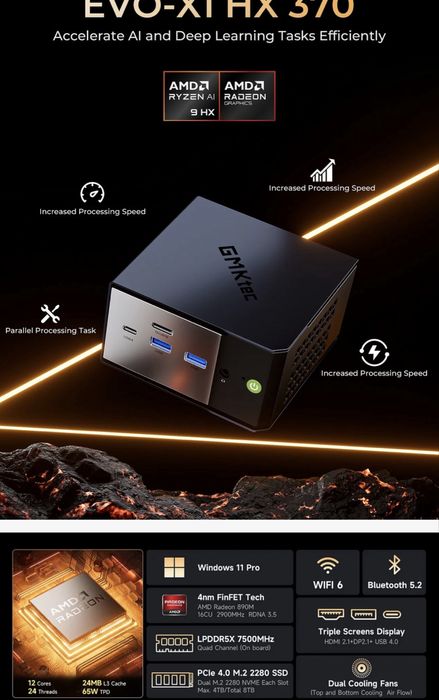Міні ПК GMKTec EVO-X1 AMD Ryzen™ Al 9 HX370/Radeon 890M/Oculink Port