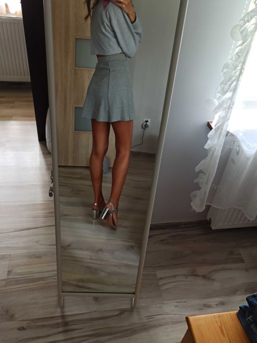Komplet bluza spódniczka damska szara rozkloszowana xs