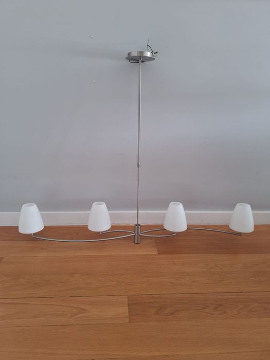 Candeeiro sala, aço inox, 4 globos, lampadas led