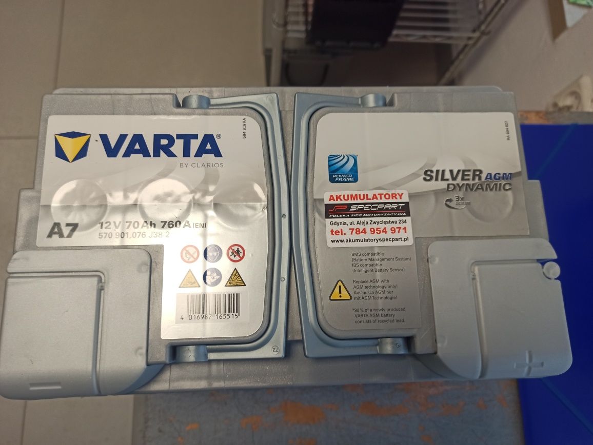 Akumulator Varta Silver Dynamic AGM A7 12V 70Ah 760A prawy+