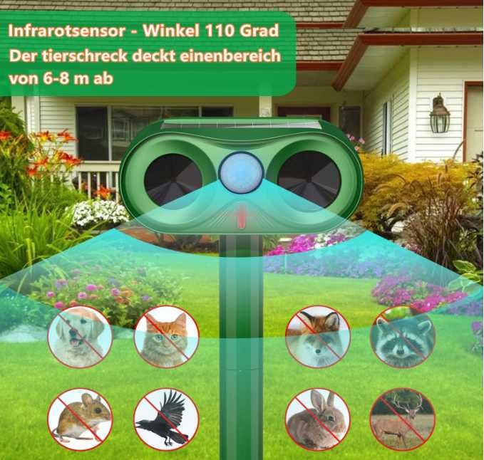 Solarny odstraszacz zwierząt ultradźwiękowy koty, psy, kuny, gryzonie
