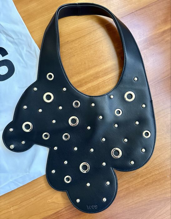 TOUS Bear Shaped Shoulder Bag Black Leather Gold Eyelets Studs + Dust Bag
