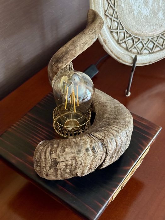Candeeiro artesanal em madeira e corno natural    Peça única