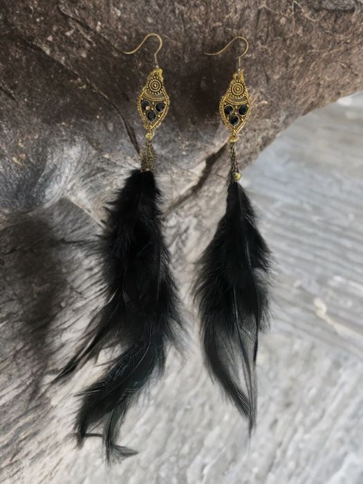 Kolczyki Thai Bohemian - wiszące zjawiskowe Pióra, Czerń