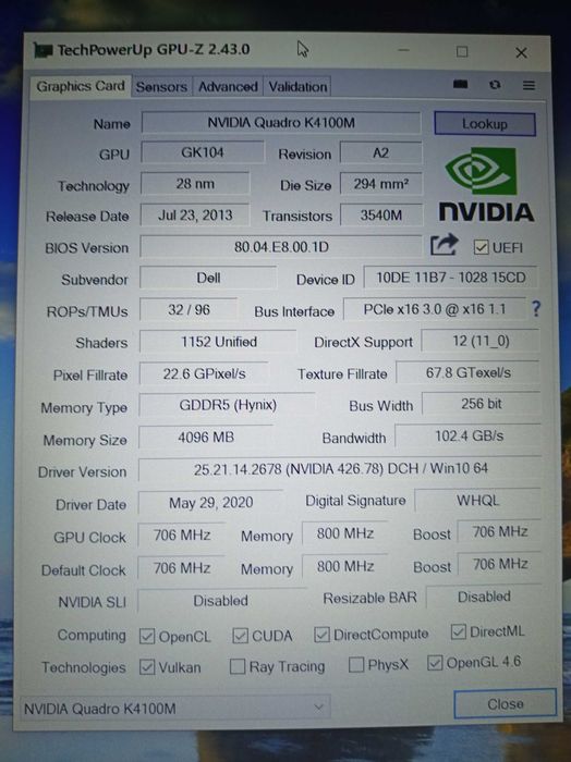 Видеокарта для ноутбука МХМ формат-В 3.0 Nvidia K4100M 4Gb GDDR5