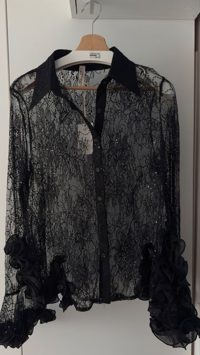 GP Paris piękna koronkowa bluzka S/M czarny  cekiny falbany glamour