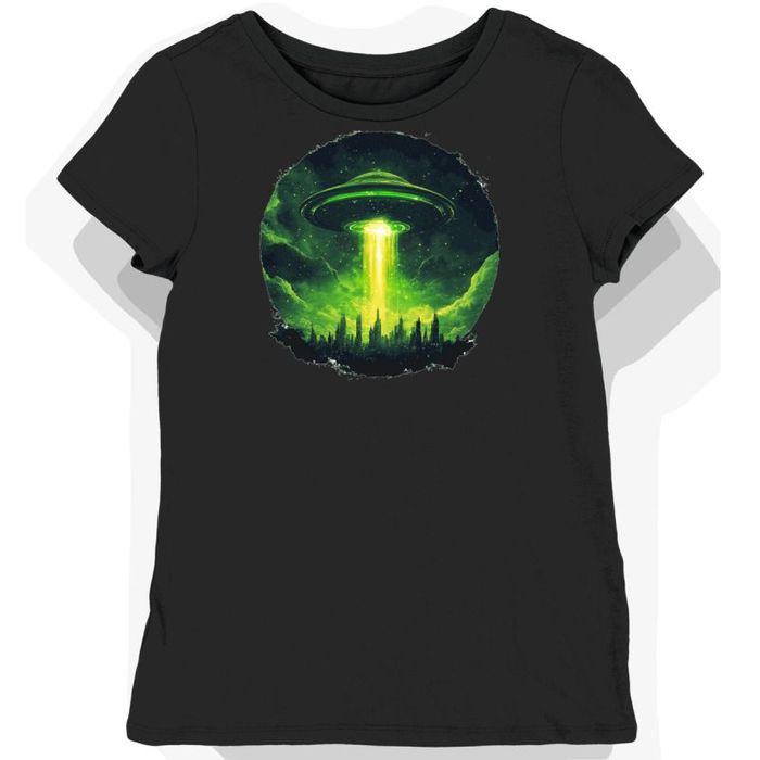 Koszulka damska czarna z motywem zielonego spodka UFO XS