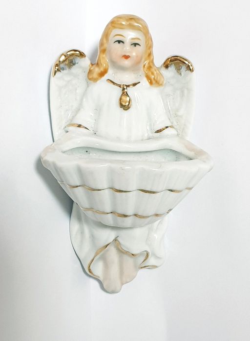 Charming antique German KPF porcelain holy water font "angel"