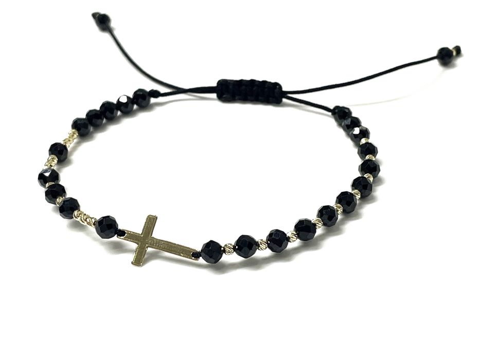 Bransoletka krzyżyk krzyż różaniec złoto 585 kamień czarny Turmalin