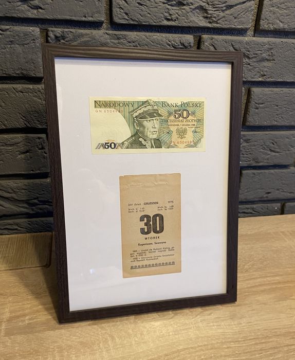 Prezent 50 ROCZNICA, URODZINY, kartka kalendarza 1976r. z banknotem