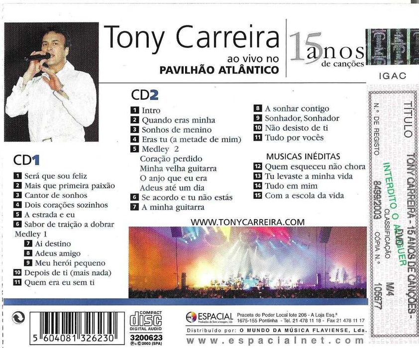 Tony Carreira - Ao Vivo no Pavilhão Atlântico (2 CD + DVD)