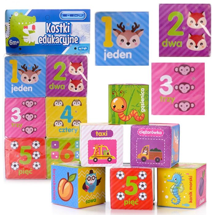 Edukacyjne miękkie klocki kostki cyfry zwierzęta