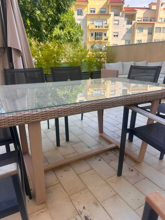 Conjunto jardim relax sofá de canto, 2 bancos e mesa bege 7 pessoas Medena Naterial
