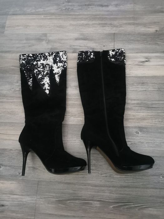 Buty długie cekiny cyrkonie czarne szpilka brązowe zamsz