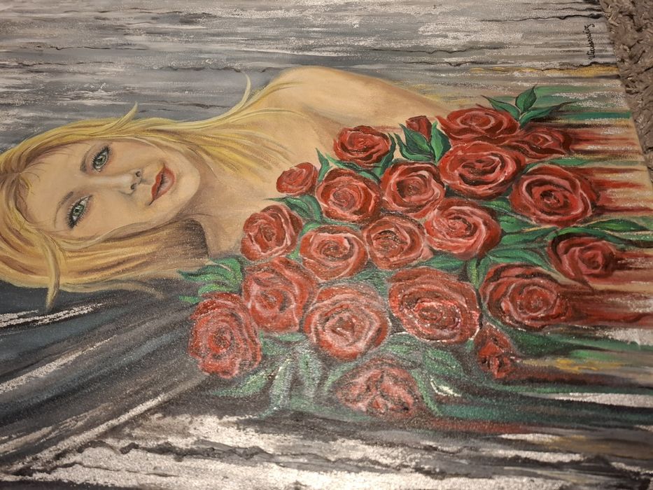 Obraz olejny ,,Dziewczyna z różami" 50-70cm