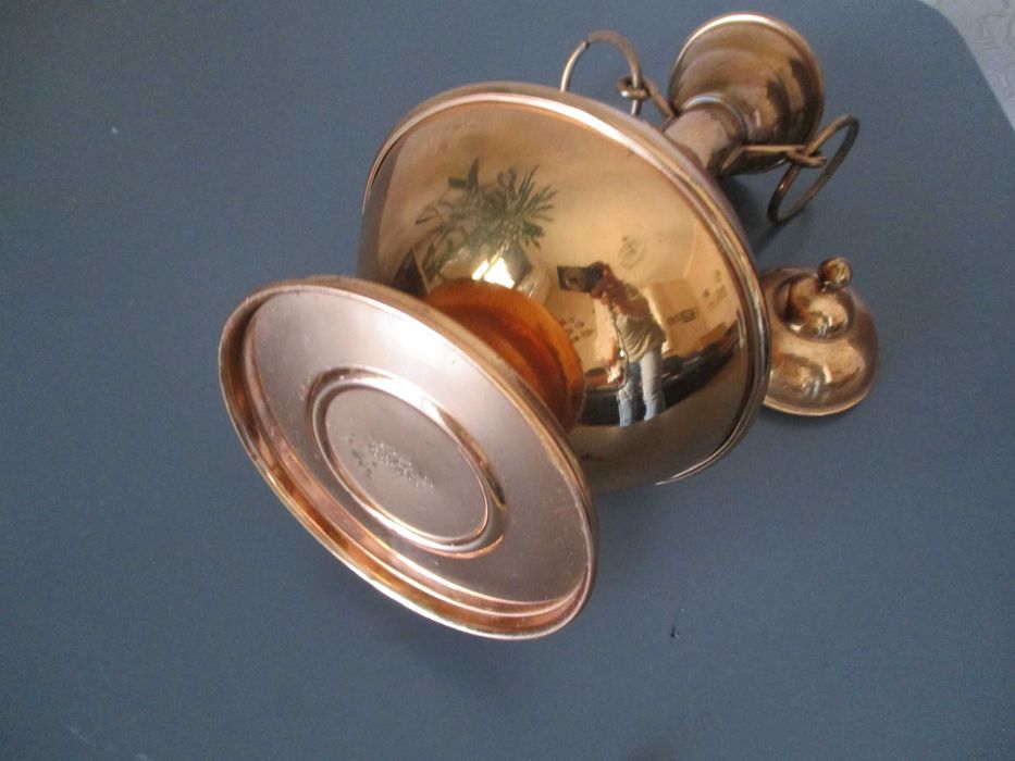 Jarra antiga Vintage em cobre com tampa e 2 argolas laterais, 30 cm altura