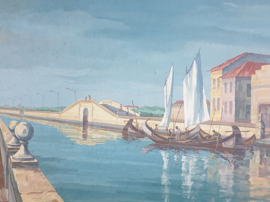Paisagem fluvial Aveiro Canal Central - pintura em guache - assinada