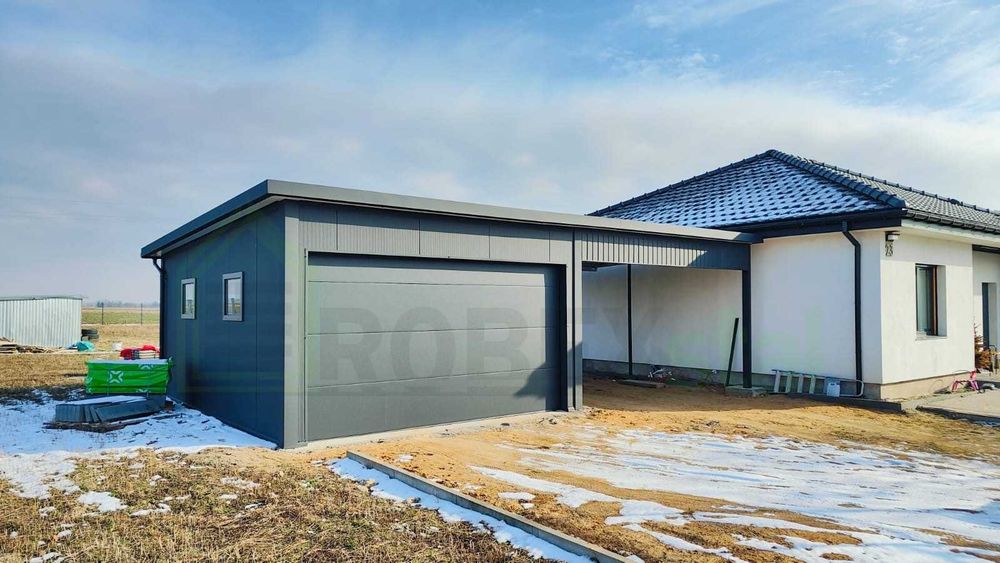 Garaż ocieplany z płyt warstwowych 4x6 + wiata 4x6 GARAŻE NA WYMIAR